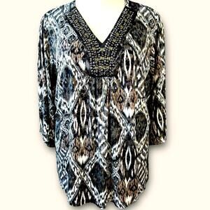 DressBarn Vintage 3/4 Sleeves Beaded V Neck Jersey Top Blouse Size 22/24 Ikat